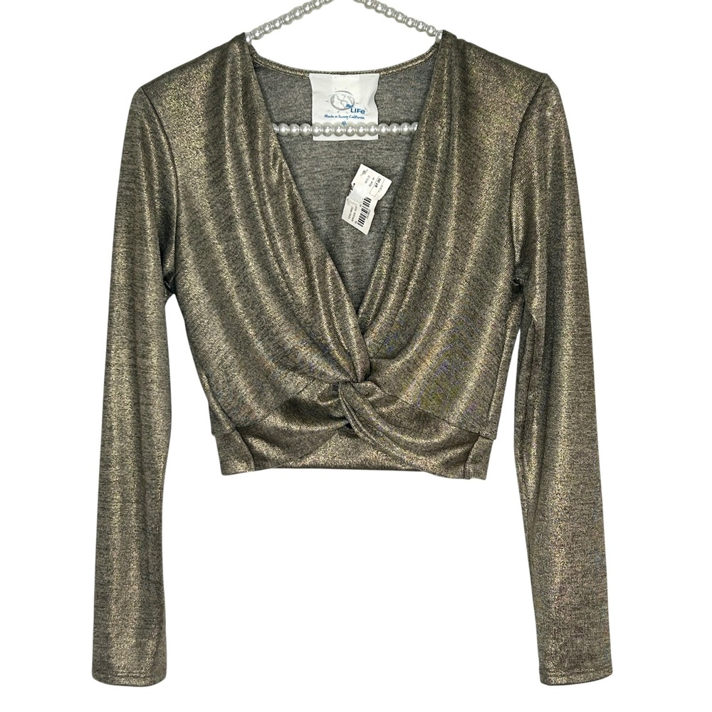 Blue Life Crop Twist Top Medium Festival Metallic Club Disco 70s Party Gold NEW - Picture 1 of 6